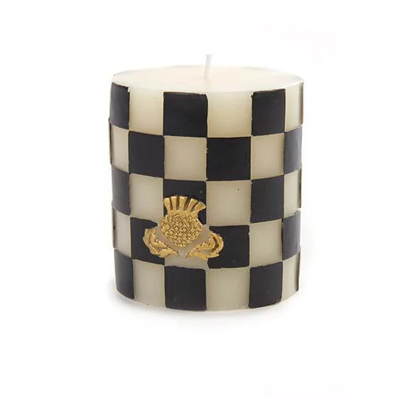 MacKenzie-Childs Check Pillar Candle - 3″ - Black & Ivory