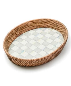 MacKenzie-Childs Sterling Check Large Enamel & Rattan Serving Tray