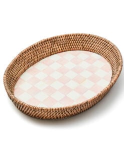 MacKenzie-Childs Rosy Check Large Enamel & Rattan Serving Tray
