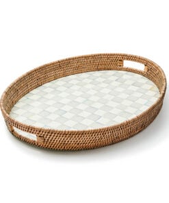 MacKenzie-Childs Sterling Check Enamel & Rattan Party Tray