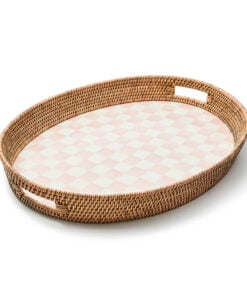 MacKenzie-Childs Rosy Check Enamel & Rattan Party Tray