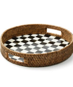 MacKenzie-Childs Courtly Check Enamel & Rattan Round Serving Tray