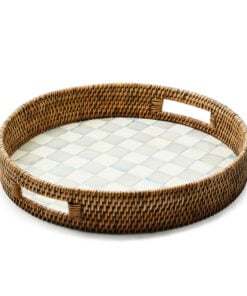 MacKenzie-Childs Sterling Check Enamel & Rattan Round Serving Tray