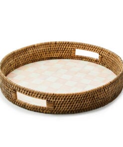MacKenzie-Childs Rosy Check Enamel & Rattan Round Serving Tray