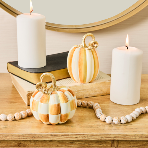 MacKenzie-Childs – Amber Check and Stripe Petite Pumpkins, Set of 2 - Image 2