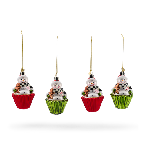 MacKenzie-Childs – Cupcake Snowman Glass Ornaments, Set Of 4