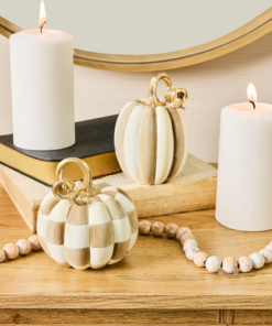 MacKenzie-Childs – Mocha Check and Stripe Petite Pumpkins, Set of 2 - Image 2