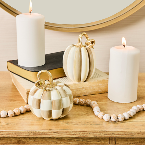 MacKenzie-Childs – Mocha Check and Stripe Petite Pumpkins, Set of 2 - Image 2