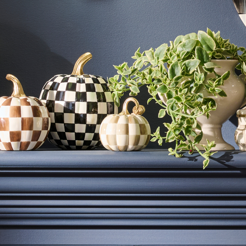 MacKenzie-Childs – Mocha Check and Stripe Petite Pumpkins, Set of 2 - Image 3