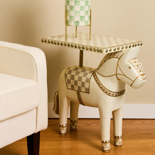 MacKenzie-Childs – Mocha Check Carved Horse Table - Image 2