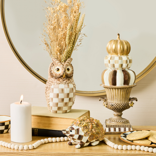 MacKenzie-Childs – Mocha Check Ceramic Owl Vase - Image 2