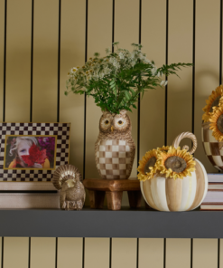 MacKenzie-Childs – Mocha Check Ceramic Owl Vase - Image 3