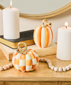 MacKenzie-Childs – Orange Check and Stripe Petite Pumpkins, Set of 2 - Image 2