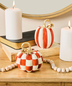 MacKenzie-Childs – Paprika Check and Stripe Petite Pumpkins, Set of 2 - Image 2