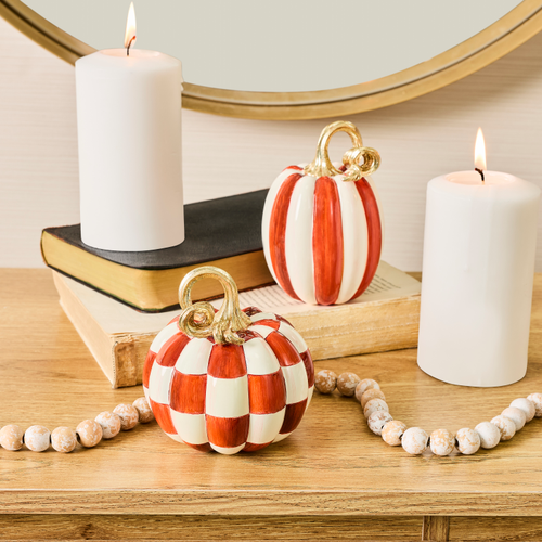 MacKenzie-Childs – Paprika Check and Stripe Petite Pumpkins, Set of 2 - Image 2