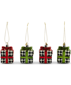 Mackenzie-Childs - Red & Green Giftbox Glass Ornaments, Set Of 4
