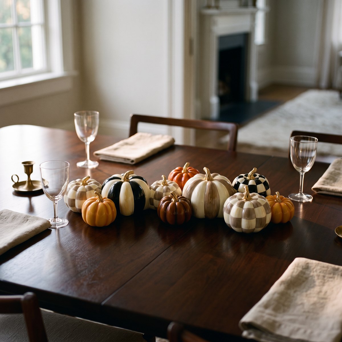A long, low run of small autumn pumpkins down the centre of a set dining table, sitting well below sightline so guests can see across to one another