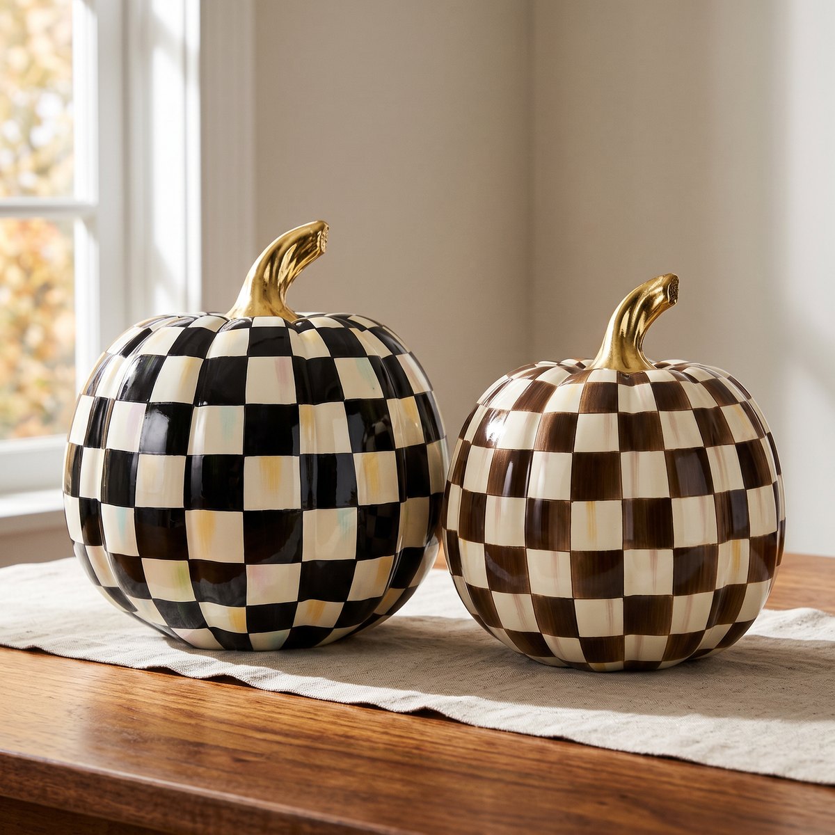 MacKenzie-Childs Courtly Check Glossy Medium Pumpkin in black and white beside a Chocolate Check Medium Pumpkin on a linen runner