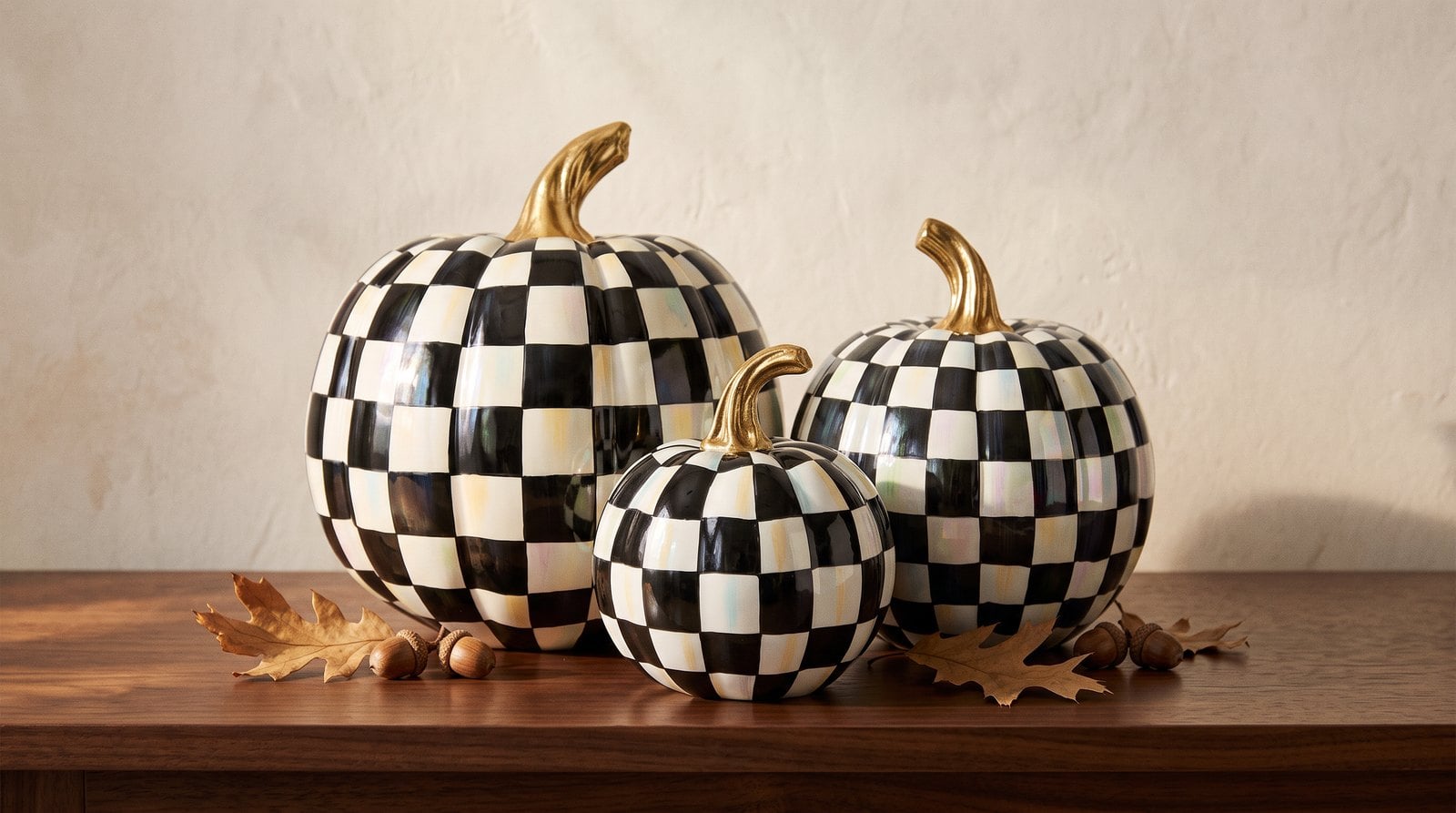 MacKenzie-Childs Courtly Check Glossy pumpkins in Medium, Small and Mini grouped together at the centre of a walnut console table, showing how the three sizes step down within one cluster