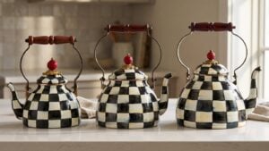 Three MacKenzie-Childs Courtly Check enamel tea kettles in ascending size on a white kitchen counter, each with a black and white hand-painted check body, gold rosette lid finial with a red bead, and a turned wood bail handle