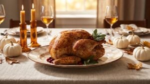Roast turkey on a MacKenzie-Childs Mocha Check Large Oval Platter on a linen Thanksgiving table with white pumpkins and amber candles