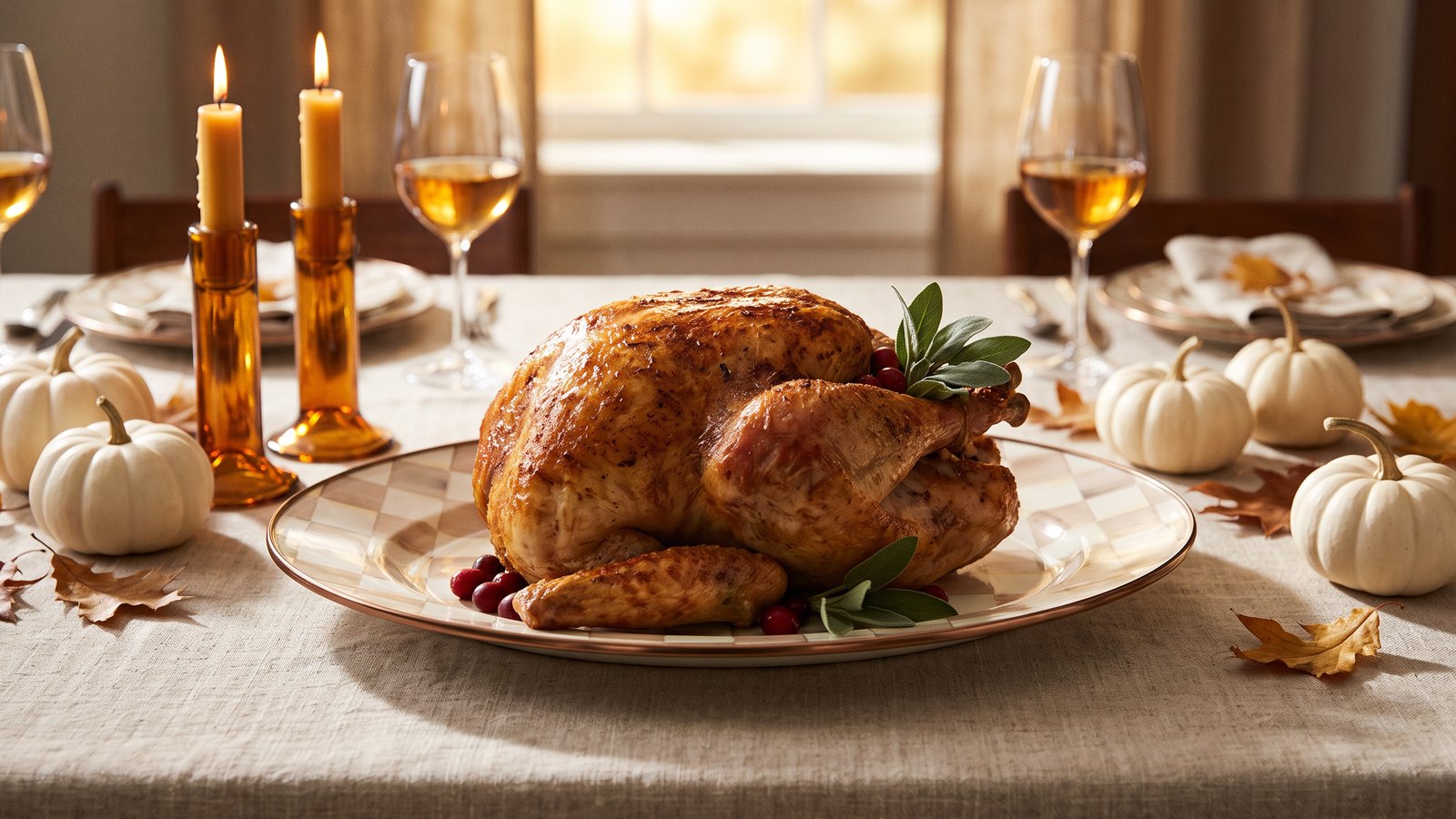 Roast turkey on a MacKenzie-Childs Mocha Check Large Oval Platter on a linen Thanksgiving table with white pumpkins and amber candles