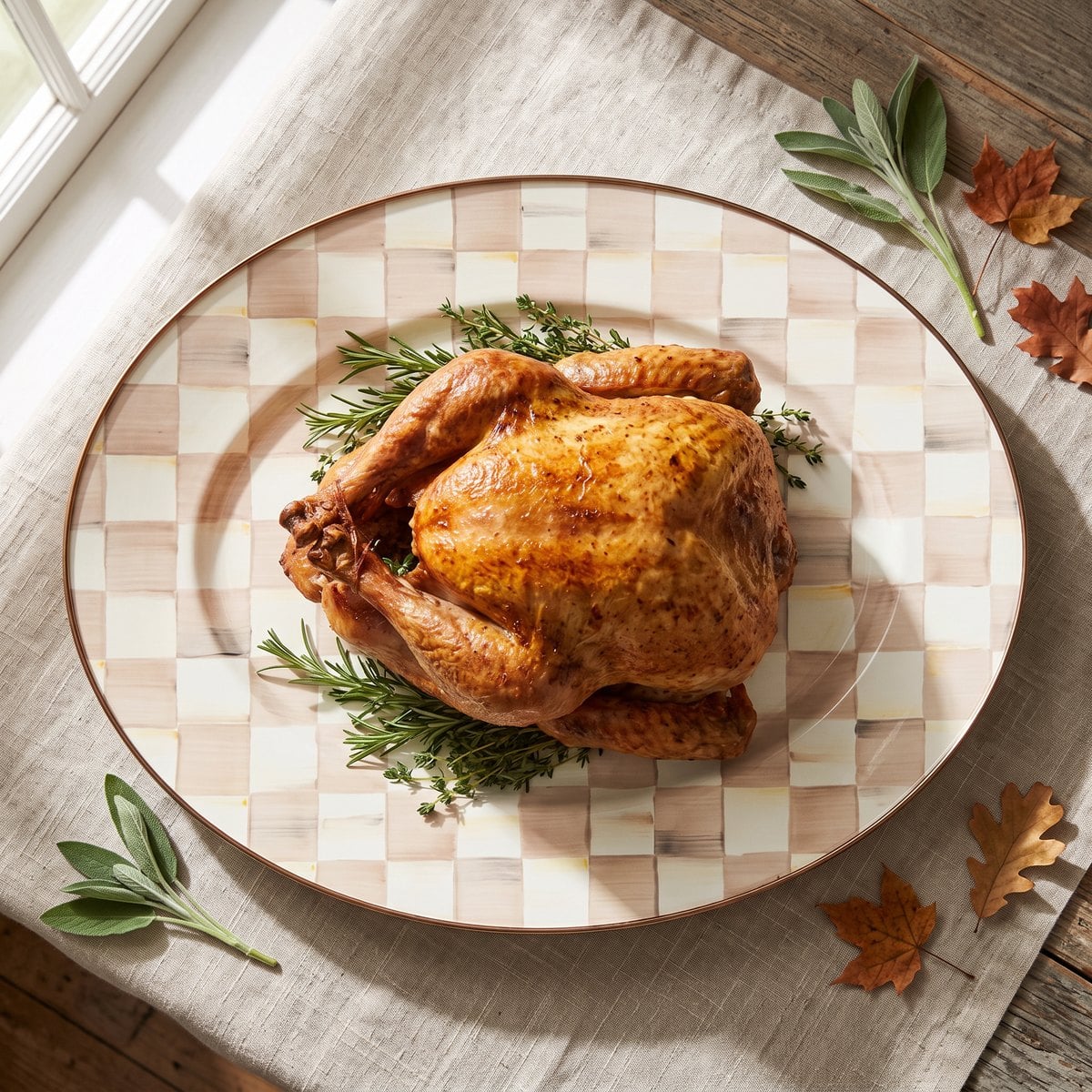 Overhead view of a whole roast turkey on the MacKenzie-Childs Mocha Check Large Oval Platter with a wide margin of checked rim showing
