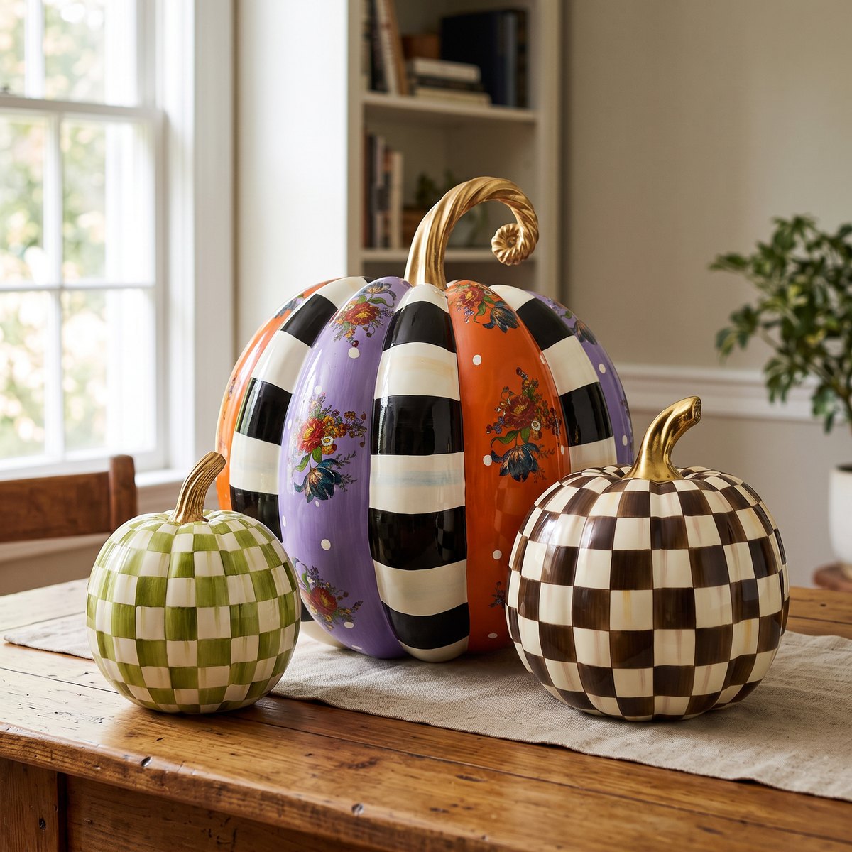 MacKenzie-Childs Violet Patchwork Extra Large Pumpkin anchoring a group with a Moss Check Small Pumpkin and a Chocolate Check Medium Pumpkin