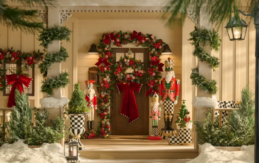 Front porch dressed for Christmas with a wreath and MacKenzie-Childs nutcrackers
