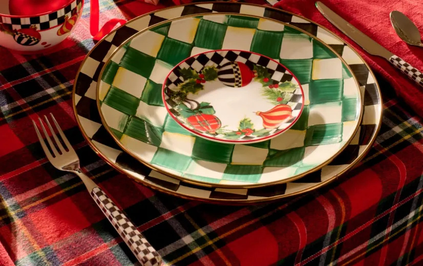 MacKenzie-Childs green check plate on a tartan Christmas table