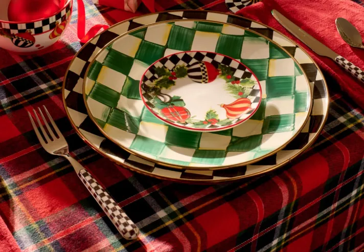 MacKenzie-Childs check plate on a tartan Christmas table