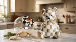 MacKenzie-Childs Courtly Check glass cookie jar beside the Mocha Bear cookie jar on a marble kitchen counter with sugar cookies and an evergreen sprig