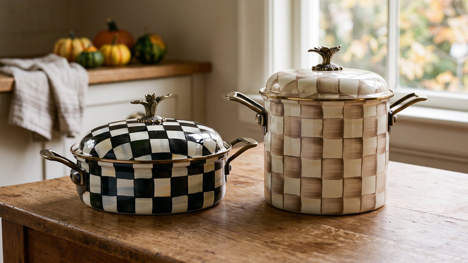 MacKenzie-Childs Courtly Check 5 qt casserole and Mocha Check 7 qt stockpot on a wooden kitchen table in autumn light
