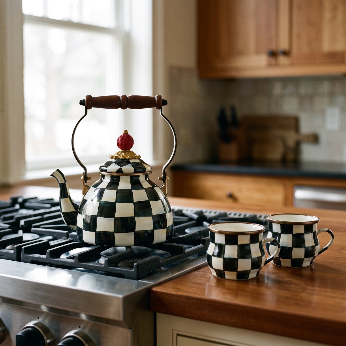 MacKenzie-Childs Courtly Check 1 Quart Tea Kettle on a gas burner beside two Courtly Check Enamel Teacups
