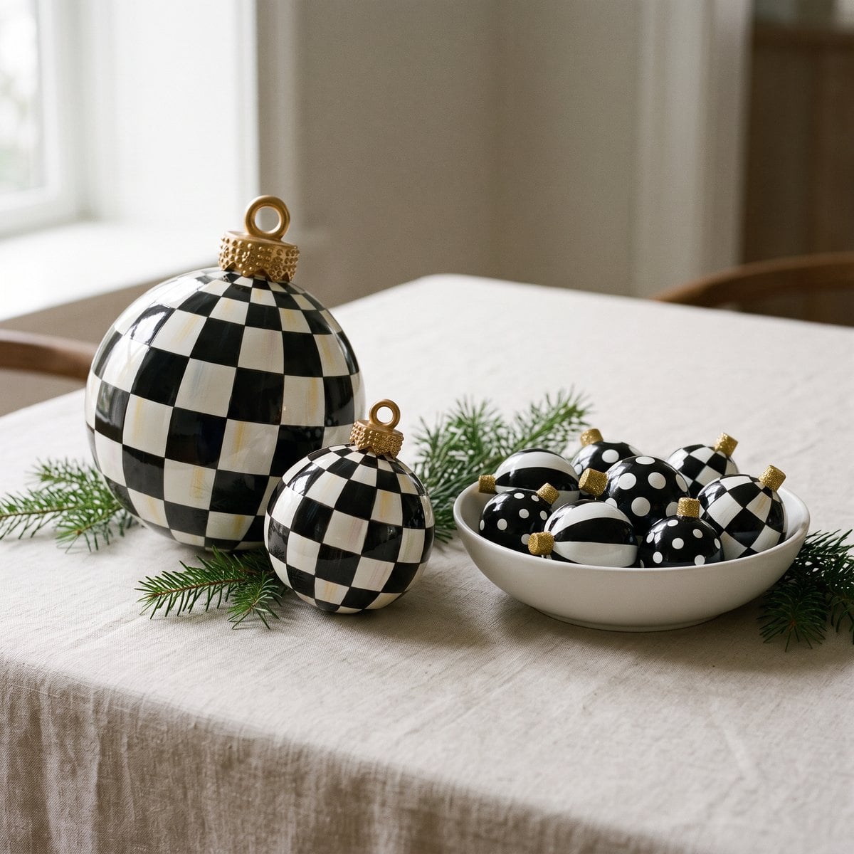 Large and small Courtly Check tabletop ornaments on a linen tablecloth beside a white bowl of black and white ornament bowl fillers