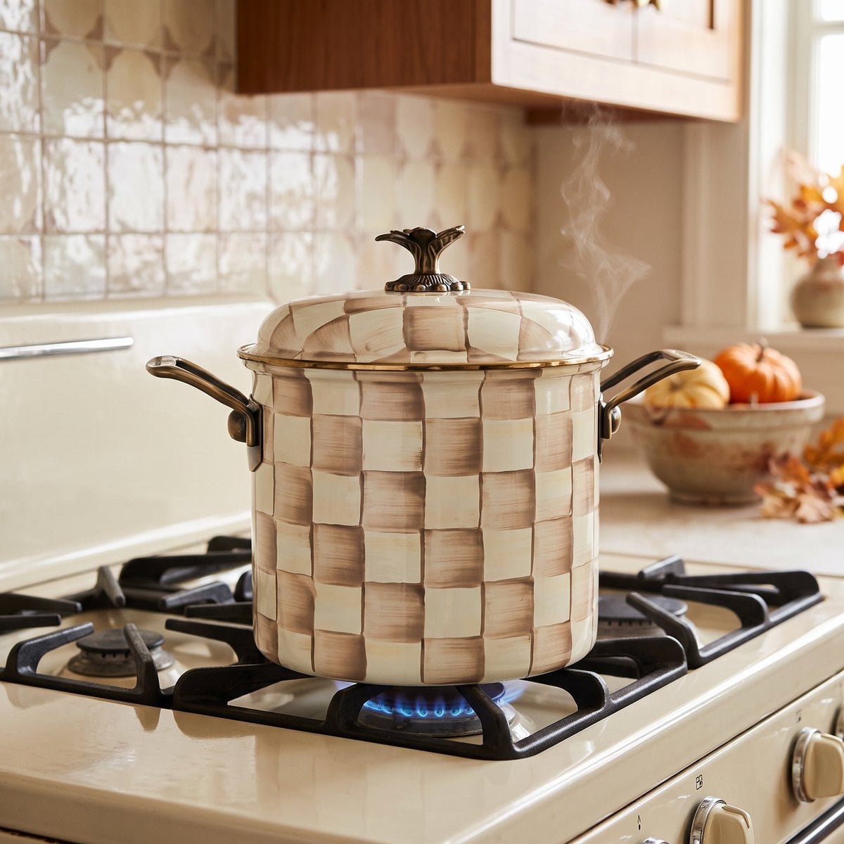 MacKenzie-Childs Mocha Check 7 qt stockpot on a lit gas burner with a wisp of steam