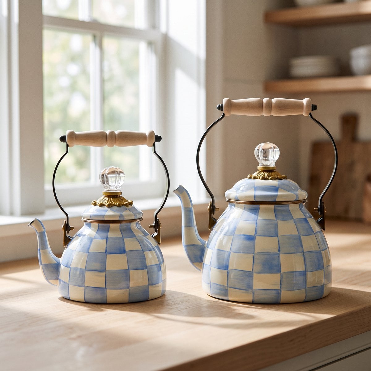 MacKenzie-Childs Sky Check 1 Quart Tea Kettle beside the larger Sky Check 2 Quart Tea Kettle on a wood counter
